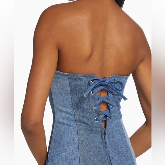 NWT $398 EB Denim Strapless denim mini dress patchwork Taylor swift blue corset - Picture 6 of 13